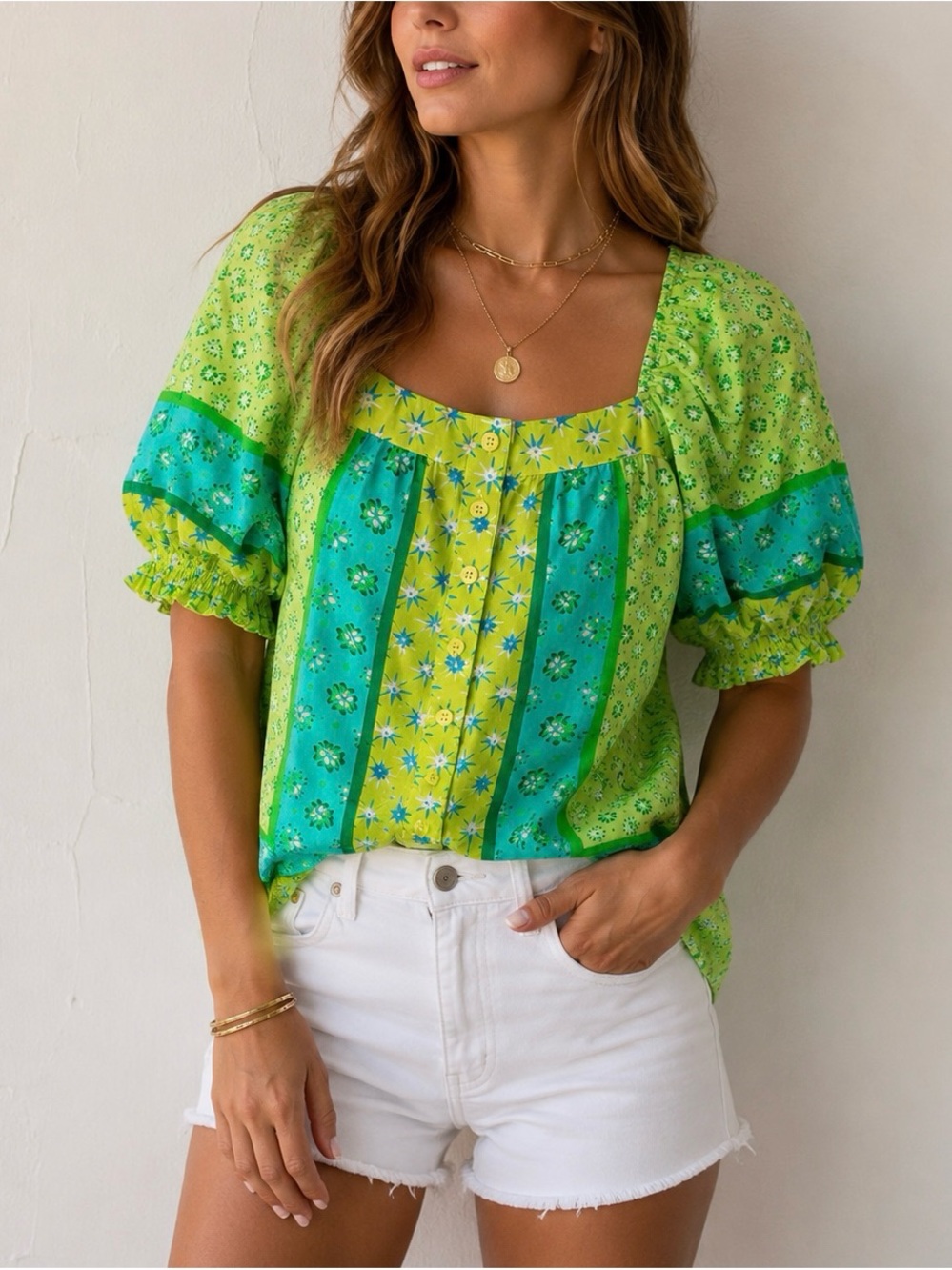 Hale Bob Cotton Square-Neck Floral Patchwork Blouse in Lime Green - XS